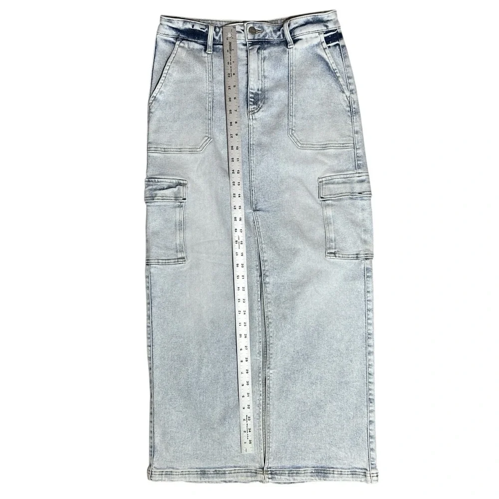 RISEN Jeans Midi Cargo Skirt Sz L Front Slit Stretch Light Wash Denim RDS6186 - Picture 6 of 12